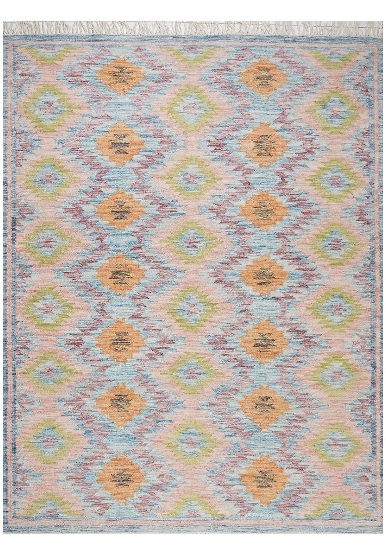 Saffron Rugs Flat Woven Pastel Multicolor Geometric Bohemian Rectangular Wool Area Rug - Indya