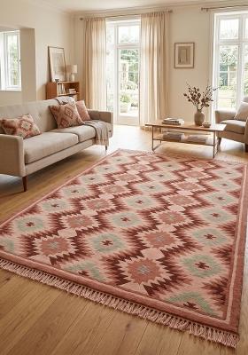 Saffron Rugs Flat Woven Dusty Pink Geometric Bohemian Rectangular Wool Area Rug