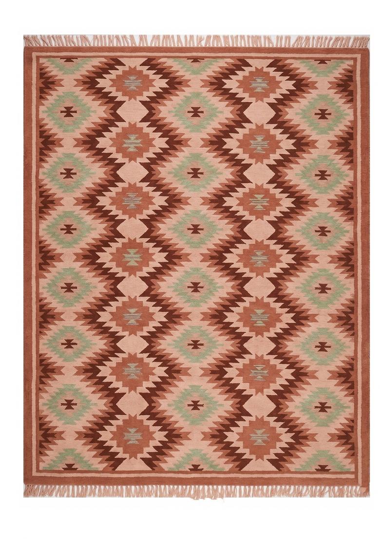 Saffron Rugs Flat Woven Dusty Pink Geometric Bohemian Rectangular Wool Area Rug - Indya