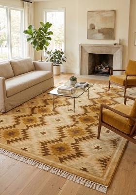 Saffron Rugs Flat Woven Golden Beige Geometric Bohemian Rectangular Wool Area Rug