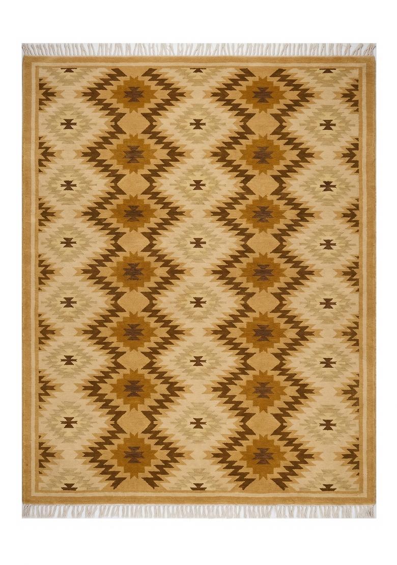 Saffron Rugs Flat Woven Golden Beige Geometric Bohemian Rectangular Wool Area Rug - Indya