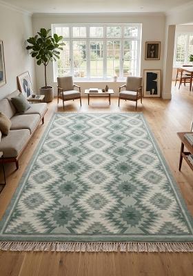 Saffron Rugs Flat Woven Sage Green Geometric Bohemian Rectangular Wool Area Rug
