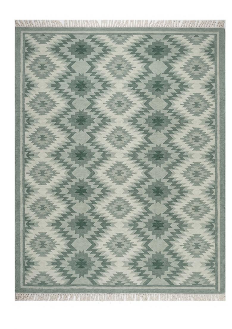 Saffron Rugs Flat Woven Sage Green Geometric Bohemian Rectangular Wool Area Rug - Indya