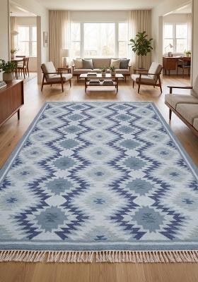 Saffron Rugs Flat Woven Light Blue Geometric Bohemian Rectangular Wool Area Rug