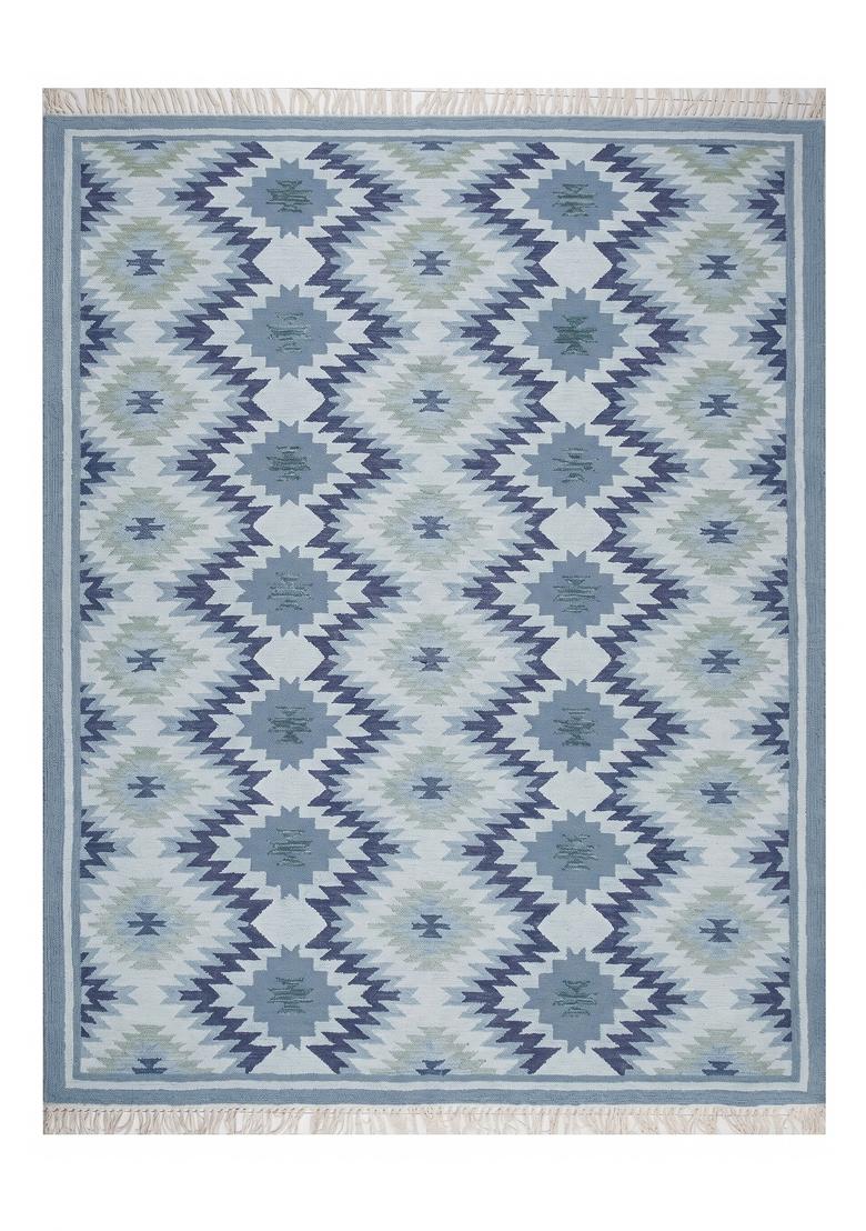 Saffron Rugs Flat Woven Light Blue Geometric Bohemian Rectangular Wool Area Rug - Indya