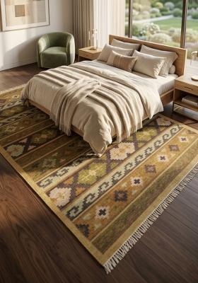 Saffron Rugs Flat Woven Olive Brown Geometric Bohemian Rectangular Wool Area Rug