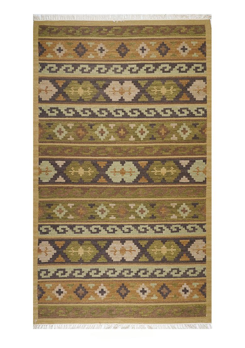 Saffron Rugs Flat Woven Olive Brown Geometric Bohemian Rectangular Wool Area Rug - Indya