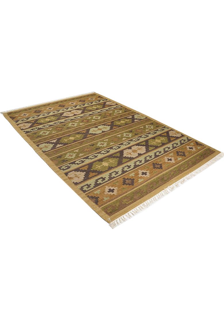 Saffron Rugs Flat Woven Olive Brown Geometric Bohemian Rectangular Wool Area Rug - Indya