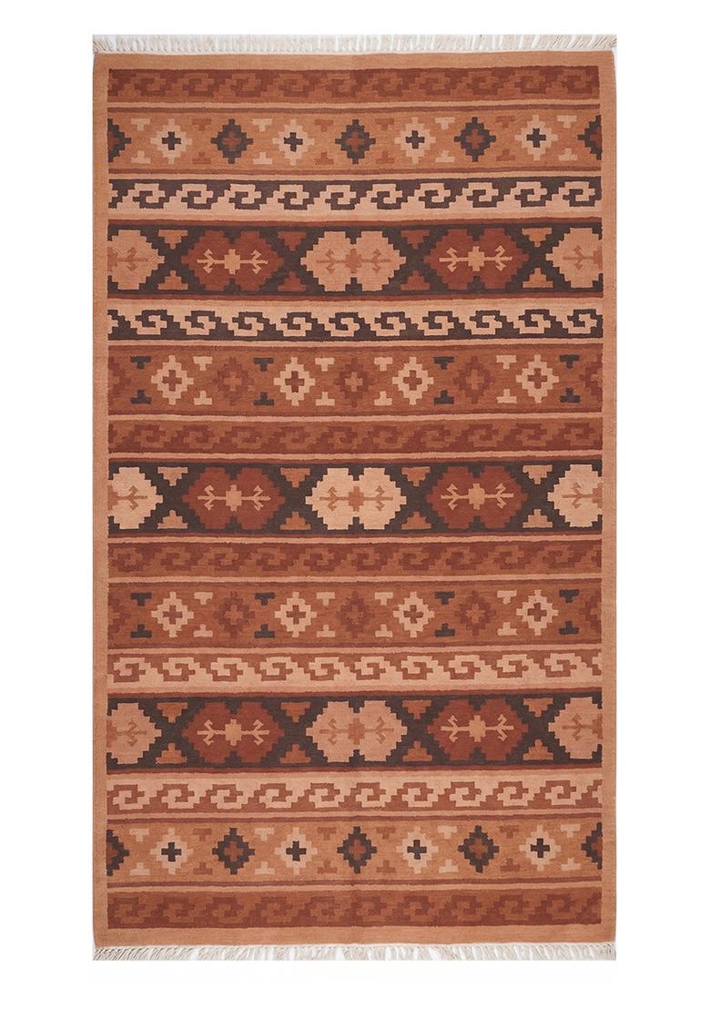 Saffron Rugs Flat Woven Terracotta Brown Geometric Bohemian Rectangular Wool Area Rug - Indya
