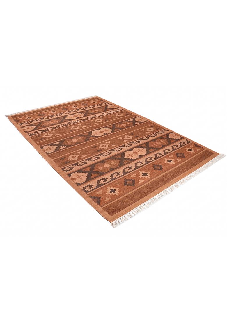 Saffron Rugs Flat Woven Terracotta Brown Geometric Bohemian Rectangular Wool Area Rug - Indya