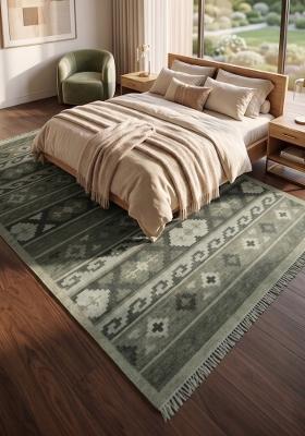 Saffron Rugs Flat Woven Sage Green Geometric Bohemian Rectangular Wool Area Rug