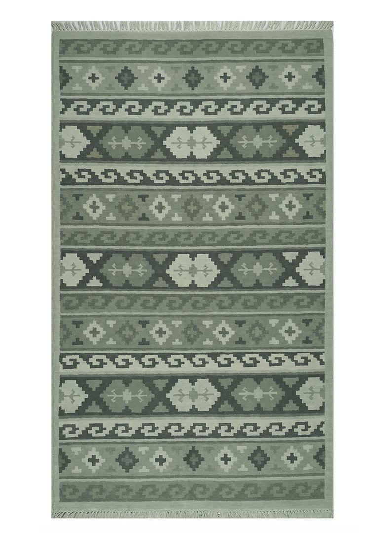 Saffron Rugs Flat Woven Sage Green Geometric Bohemian Rectangular Wool Area Rug - Indya