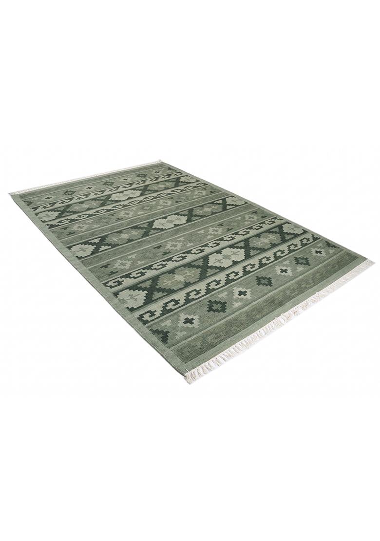 Saffron Rugs Flat Woven Sage Green Geometric Bohemian Rectangular Wool Area Rug - Indya
