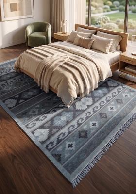 Saffron Rugs Flat Woven Steel Blue Geometric Bohemian Rectangular Wool Area Rug