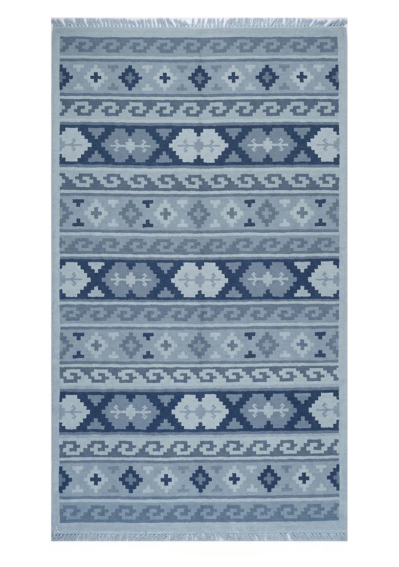 Saffron Rugs Flat Woven Steel Blue Geometric Bohemian Rectangular Wool Area Rug - Indya