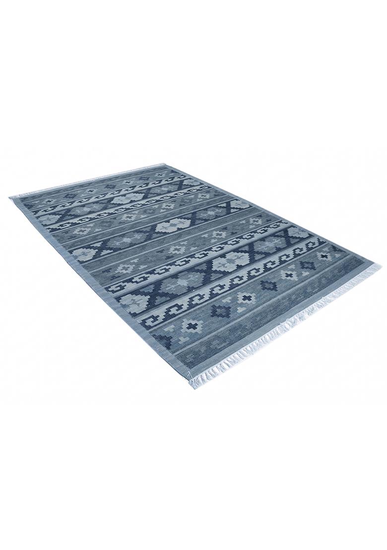 Saffron Rugs Flat Woven Steel Blue Geometric Bohemian Rectangular Wool Area Rug - Indya