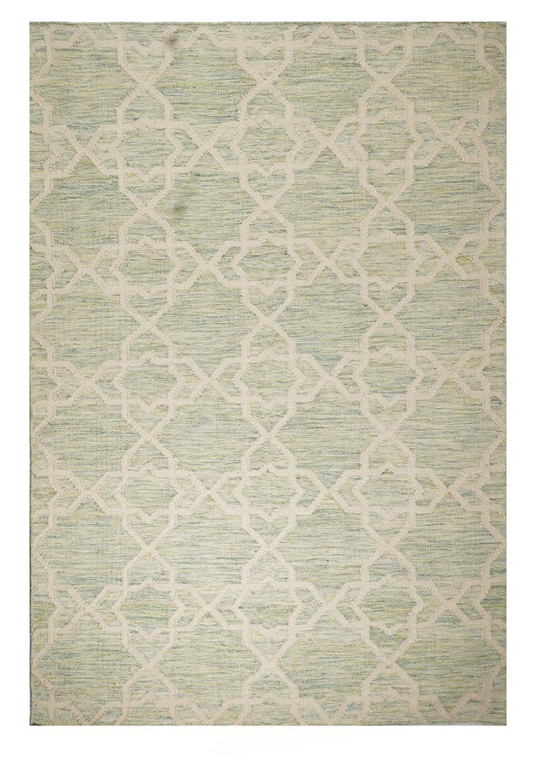 Saffron Rugs Flat Woven Green Trellis Moroccan Rectangular Wool Area Rug - Indya