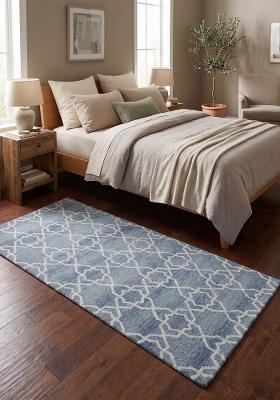 Saffron Rugs Flat Woven Steel Blue Trellis Moroccan Rectangular Wool Area Rug