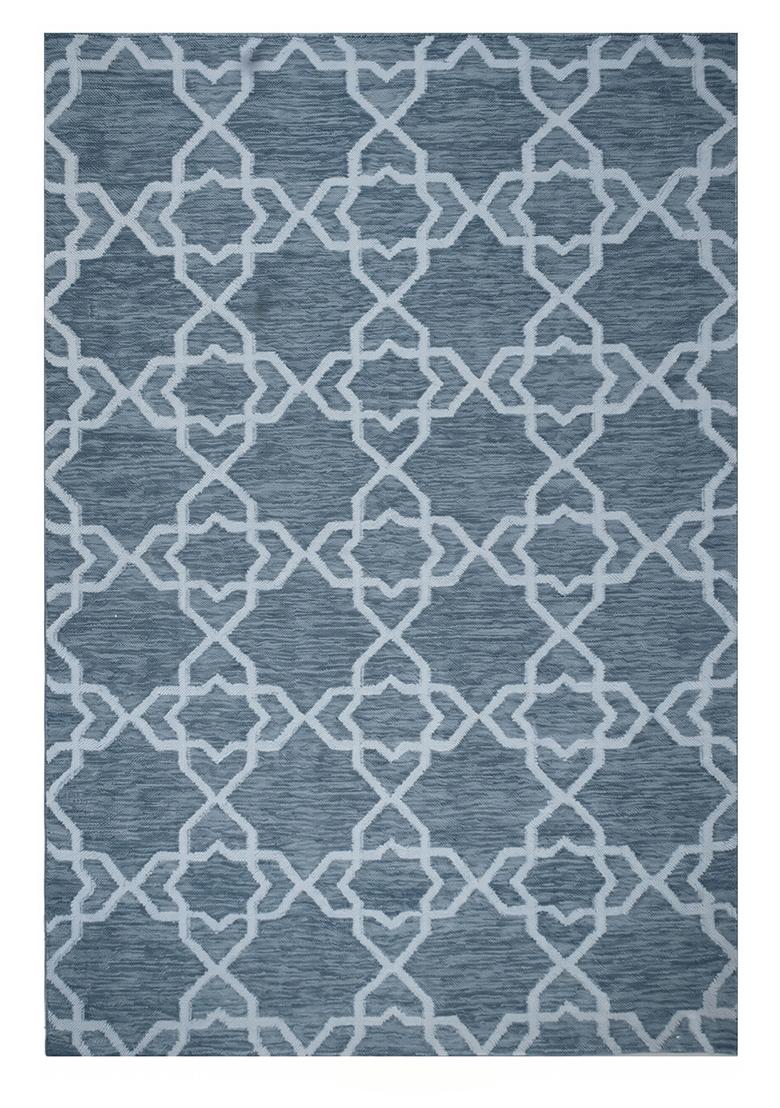 Saffron Rugs Flat Woven Steel Blue Trellis Moroccan Rectangular Wool Area Rug - Indya