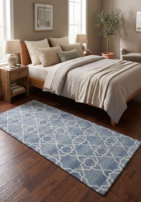 Saffron Rugs Flat Woven Steel Blue Trellis Moroccan Rectangular Wool Area Rug