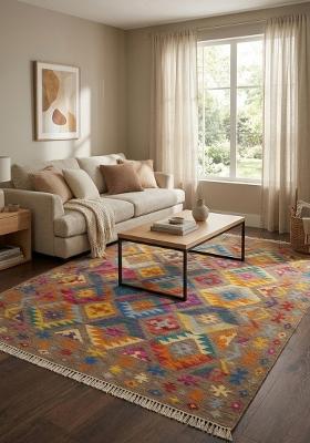 Saffron Rugs Flat Woven Multicolor Geometric Bohemian Rectangular Wool Area Rug