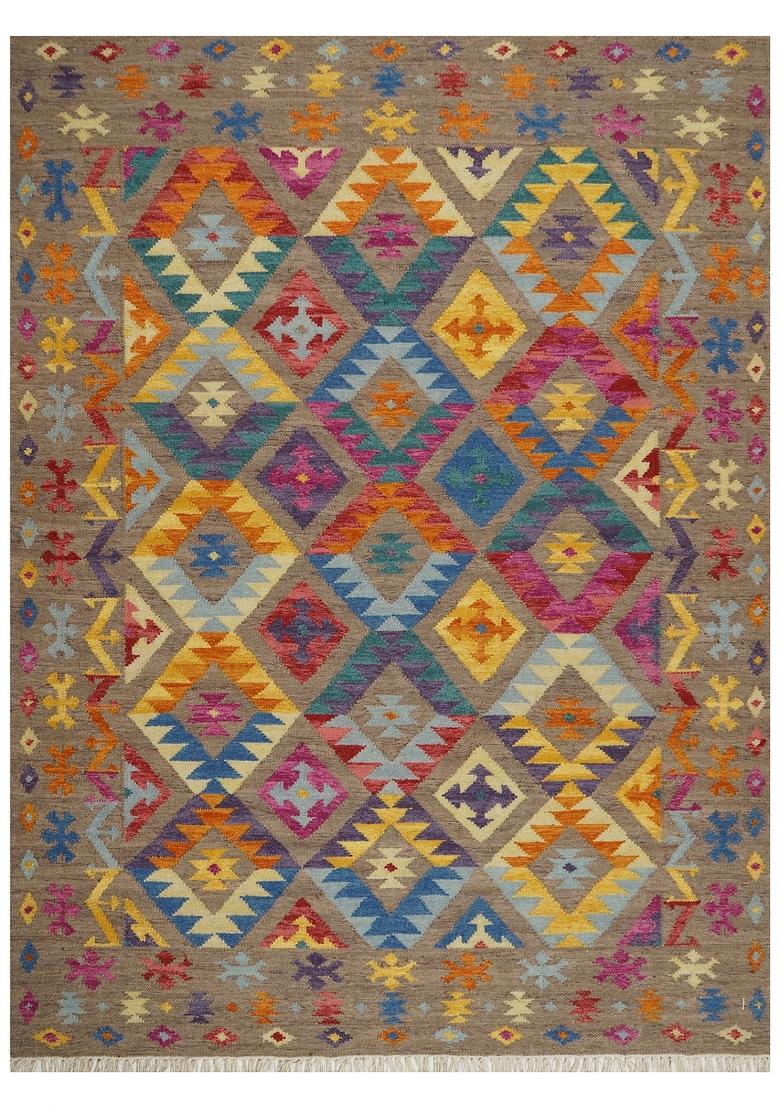 Saffron Rugs Flat Woven Multicolor Geometric Bohemian Rectangular Wool Area Rug - Indya