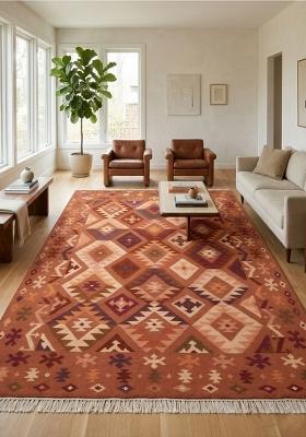 Saffron Rugs Flat Woven Terracotta Orange Geometric Bohemian Rectangular Wool Area Rug