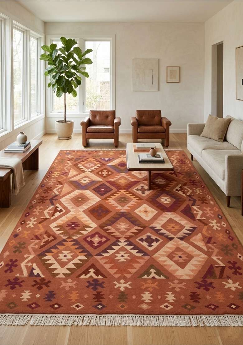 Saffron Rugs Terracotta Orange Bohemian Geometric Flat Weave Wool Rectangular Rug - Indya