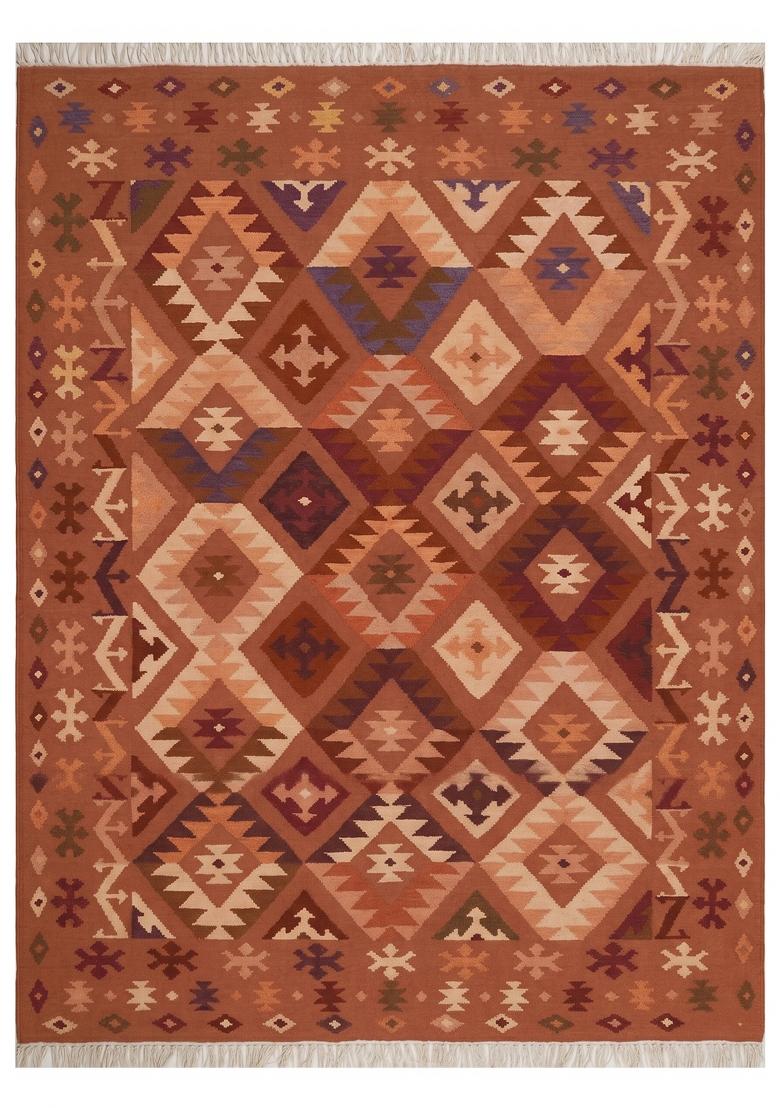 Saffron Rugs Flat Woven Terracotta Orange Geometric Bohemian Rectangular Wool Area Rug - Indya