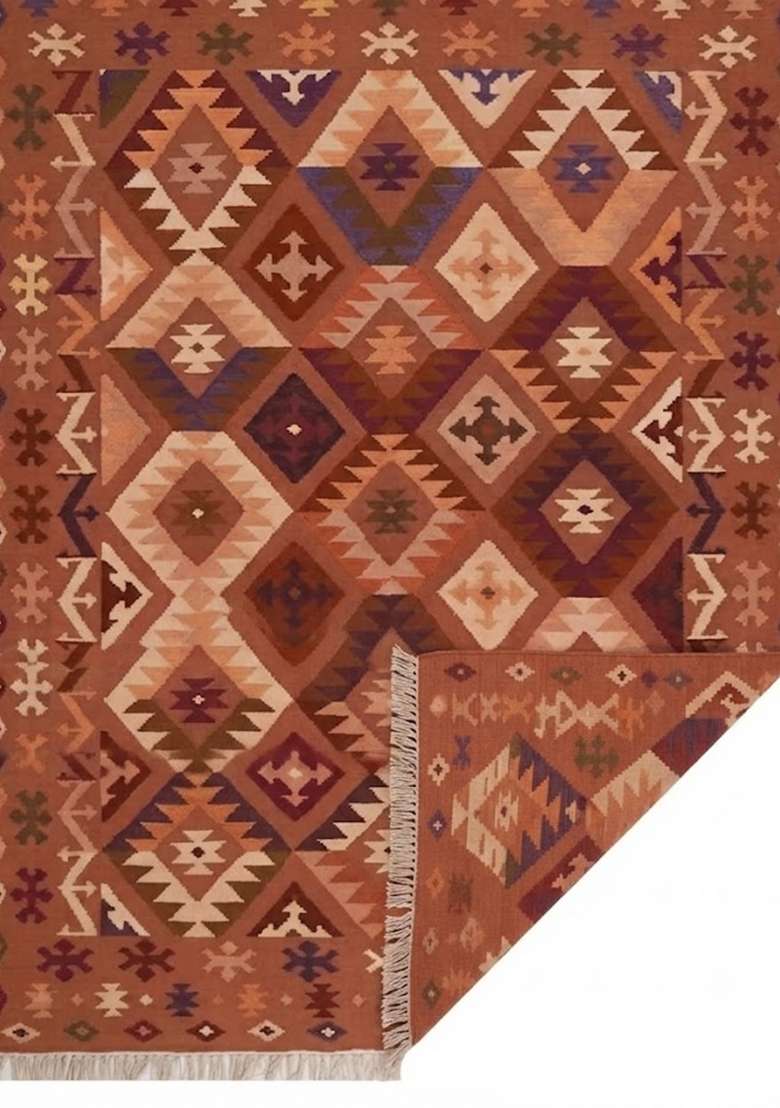 Saffron Rugs Terracotta Orange Bohemian Geometric Flat Weave Wool Rectangular Rug - Indya