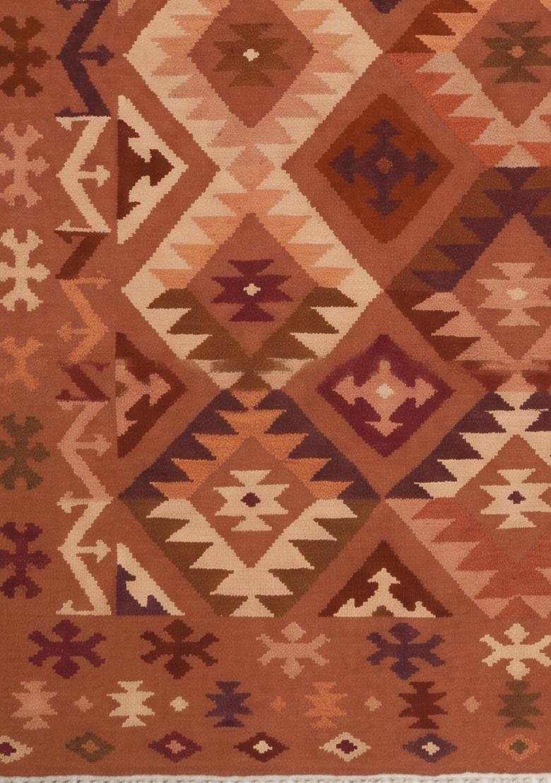 Saffron Rugs Flat Woven Terracotta Orange Geometric Bohemian Rectangular Wool Area Rug - Indya