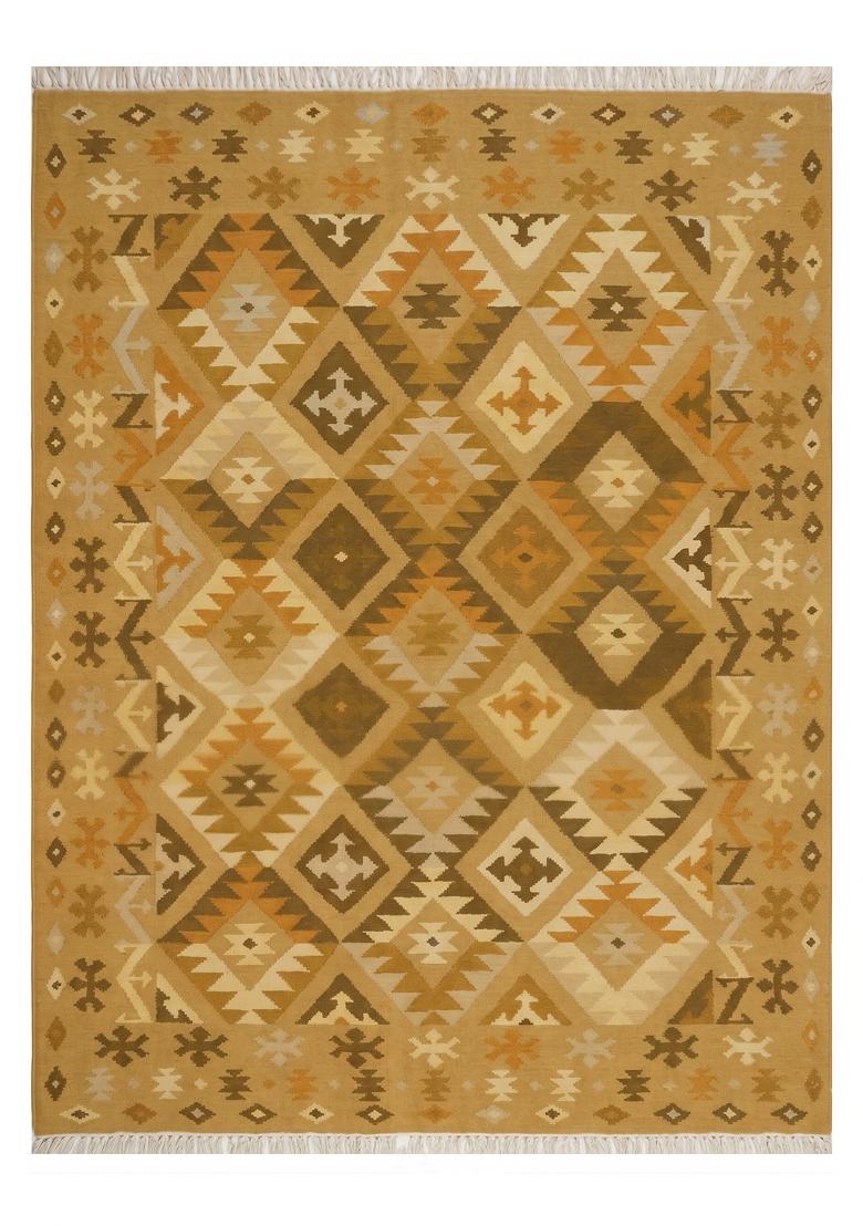 Saffron Rugs Flat Woven Golden Yellow Geometric Bohemian Rectangular Wool Area Rug - Indya