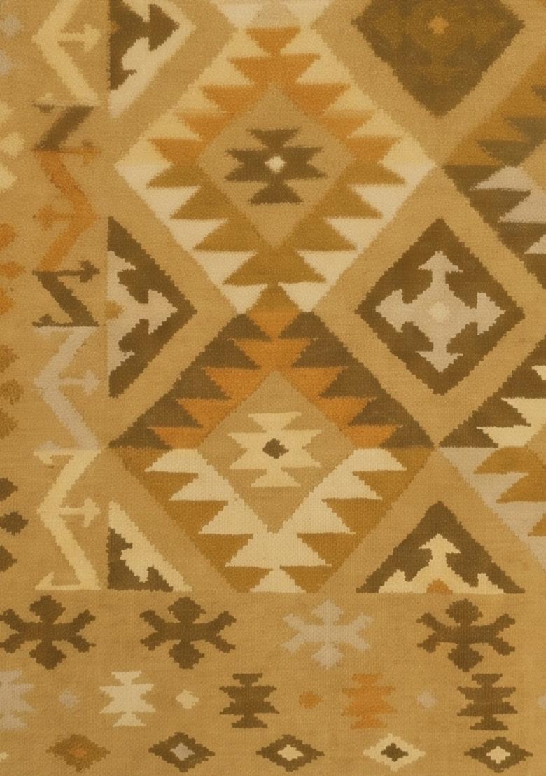 Saffron Rugs Flat Woven Golden Yellow Geometric Bohemian Rectangular Wool Area Rug - Indya