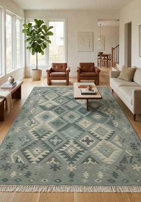 Saffron Rugs Flat Woven Sage Green Geometric Bohemian Rectangular Wool Area Rug