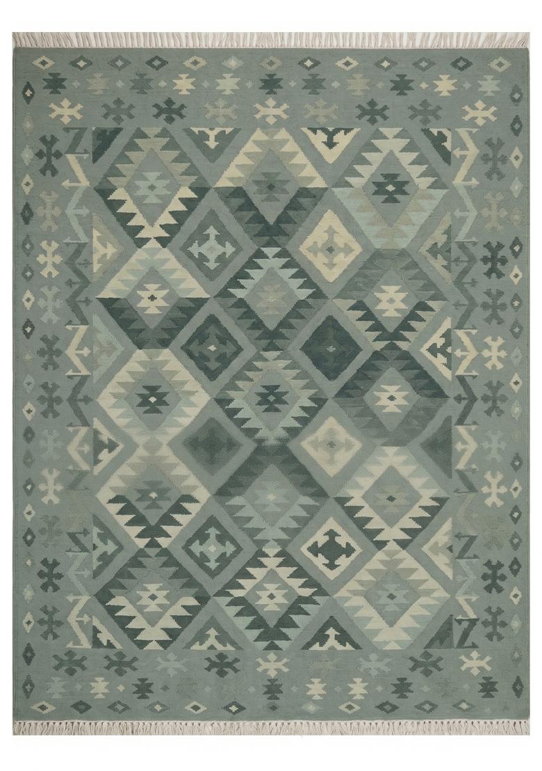 Saffron Rugs Flat Woven Sage Green Geometric Bohemian Rectangular Wool Area Rug - Indya