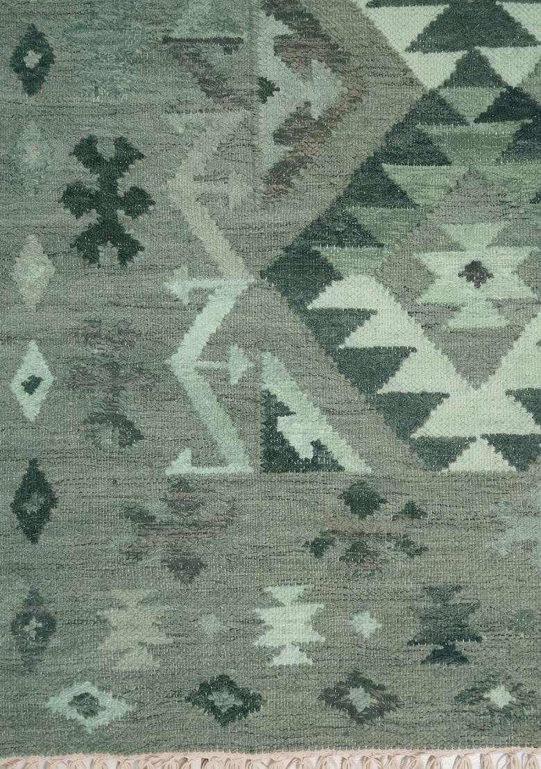 Saffron Rugs Flat Woven Sage Green Geometric Bohemian Rectangular Wool Area Rug - Indya