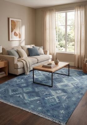Saffron Rugs Flat Woven Steel Blue Geometric Bohemian Rectangular Wool Area Rug