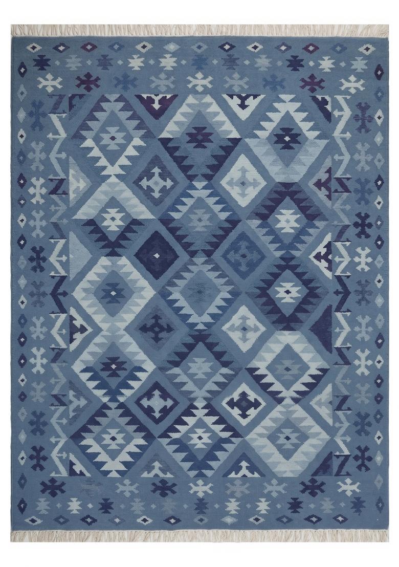 Saffron Rugs Flat Woven Steel Blue Geometric Bohemian Rectangular Wool Area Rug - Indya