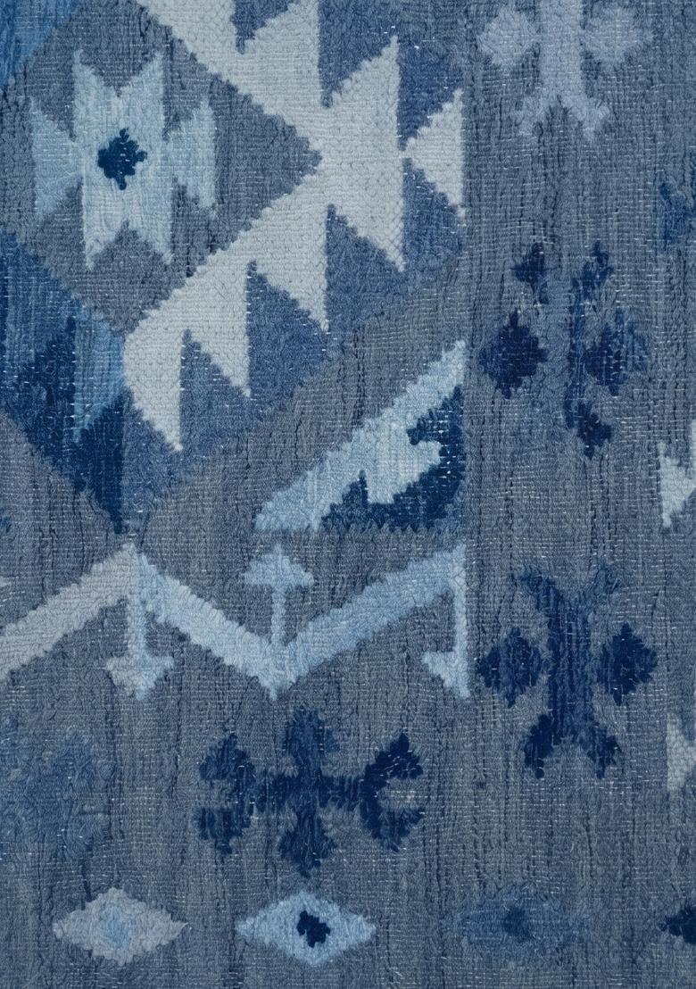 Saffron Rugs Flat Woven Steel Blue Geometric Bohemian Rectangular Wool Area Rug - Indya