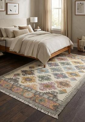 Saffron Rugs Flat Woven Cream Multicolor Geometric Bohemian Rectangular Wool Area Rug