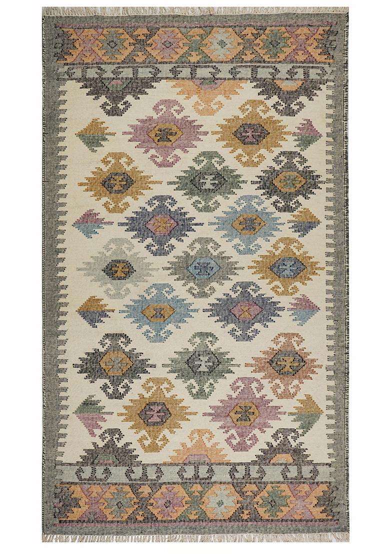 Saffron Rugs Flat Woven Cream Multicolor Geometric Bohemian Rectangular Wool Area Rug - Indya