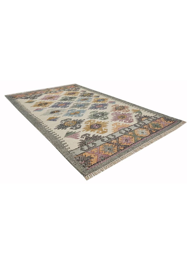 Saffron Rugs Flat Woven Cream Multicolor Geometric Bohemian Rectangular Wool Area Rug - Indya