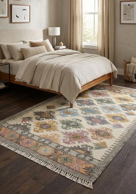 Saffron Rugs Flat Woven Cream Multicolor Geometric Bohemian Rectangular Wool Area Rug