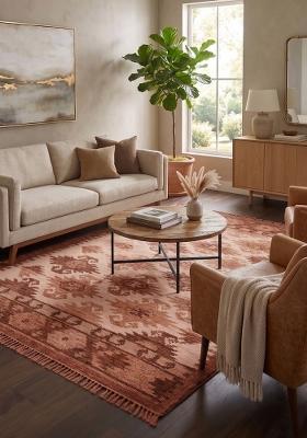 Saffron Rugs Flat Woven Terracotta Brown Geometric Bohemian Rectangular Wool Area Rug