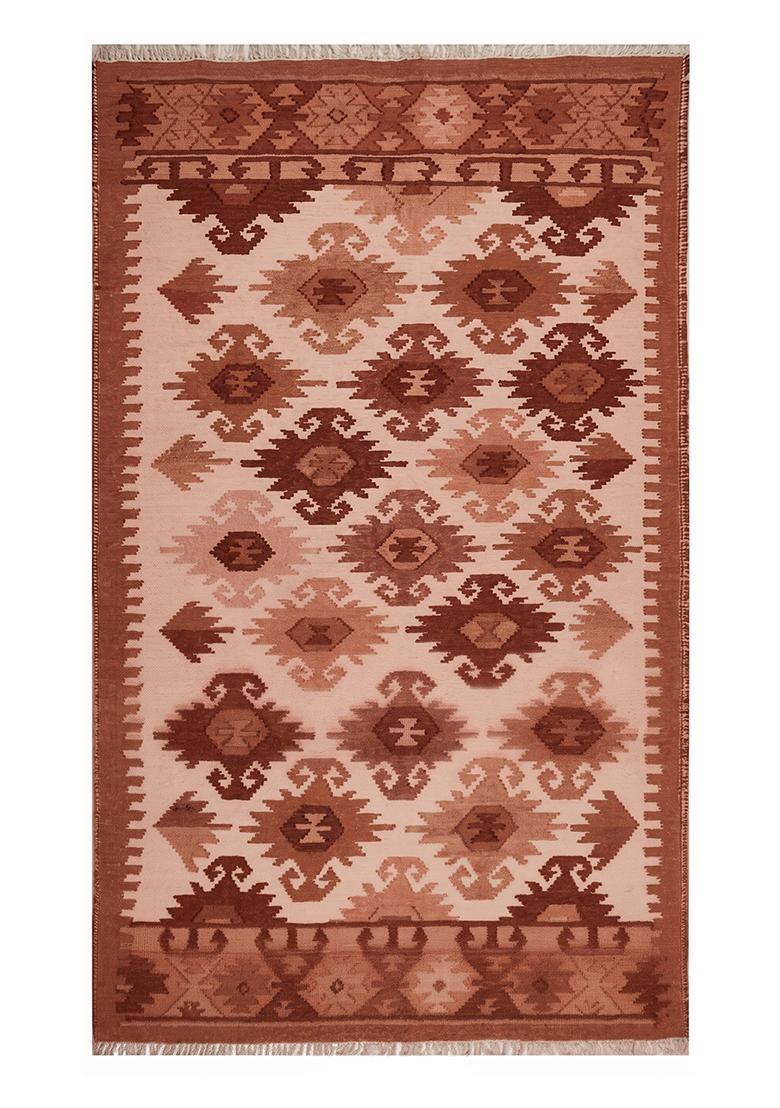 Saffron Rugs Flat Woven Terracotta Brown Geometric Bohemian Rectangular Wool Area Rug - Indya