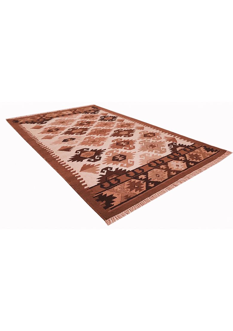 Saffron Rugs Flat Woven Terracotta Brown Geometric Bohemian Rectangular Wool Area Rug - Indya
