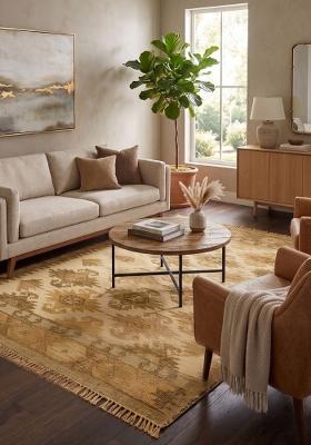Saffron Rugs Flat Woven Golden Beige Geometric Bohemian Rectangular Wool Area Rug