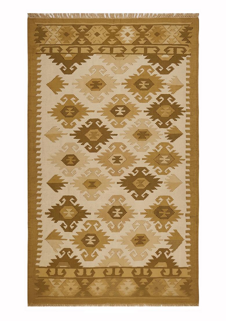 Saffron Rugs Flat Woven Golden Beige Geometric Bohemian Rectangular Wool Area Rug - Indya