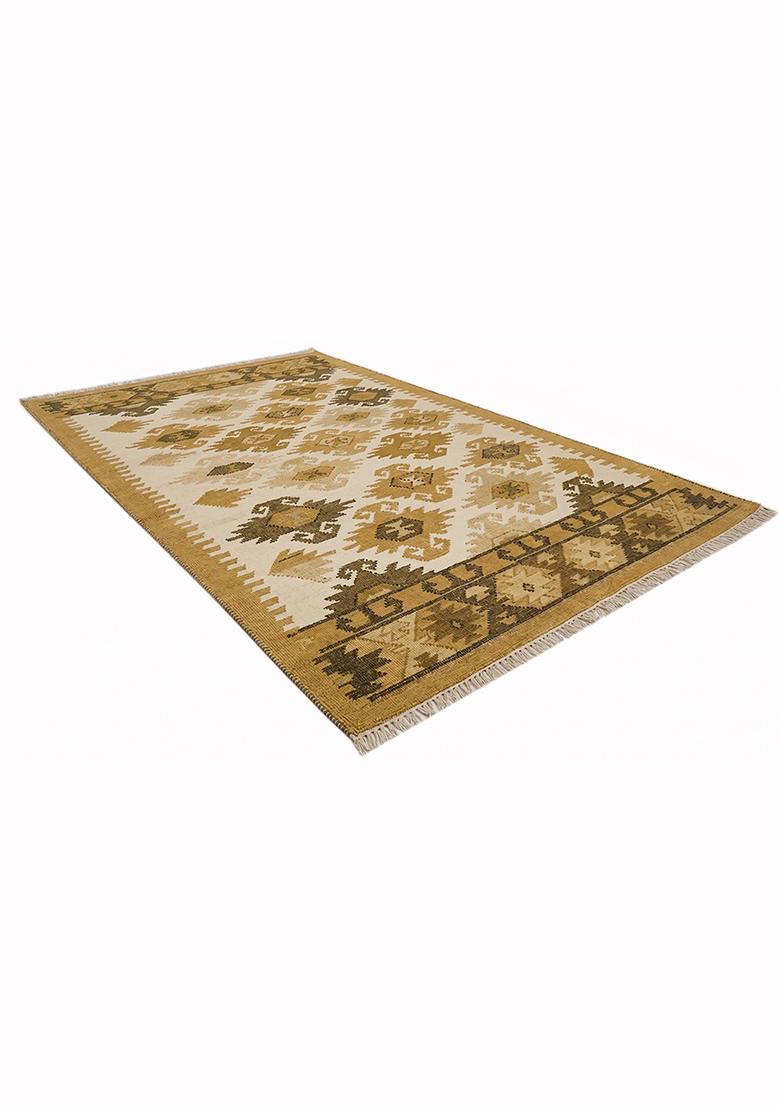 Saffron Rugs Flat Woven Golden Beige Geometric Bohemian Rectangular Wool Area Rug - Indya