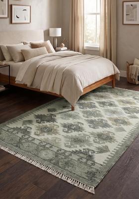 Saffron Rugs Flat Woven Sage Green Geometric Bohemian Rectangular Wool Area Rug